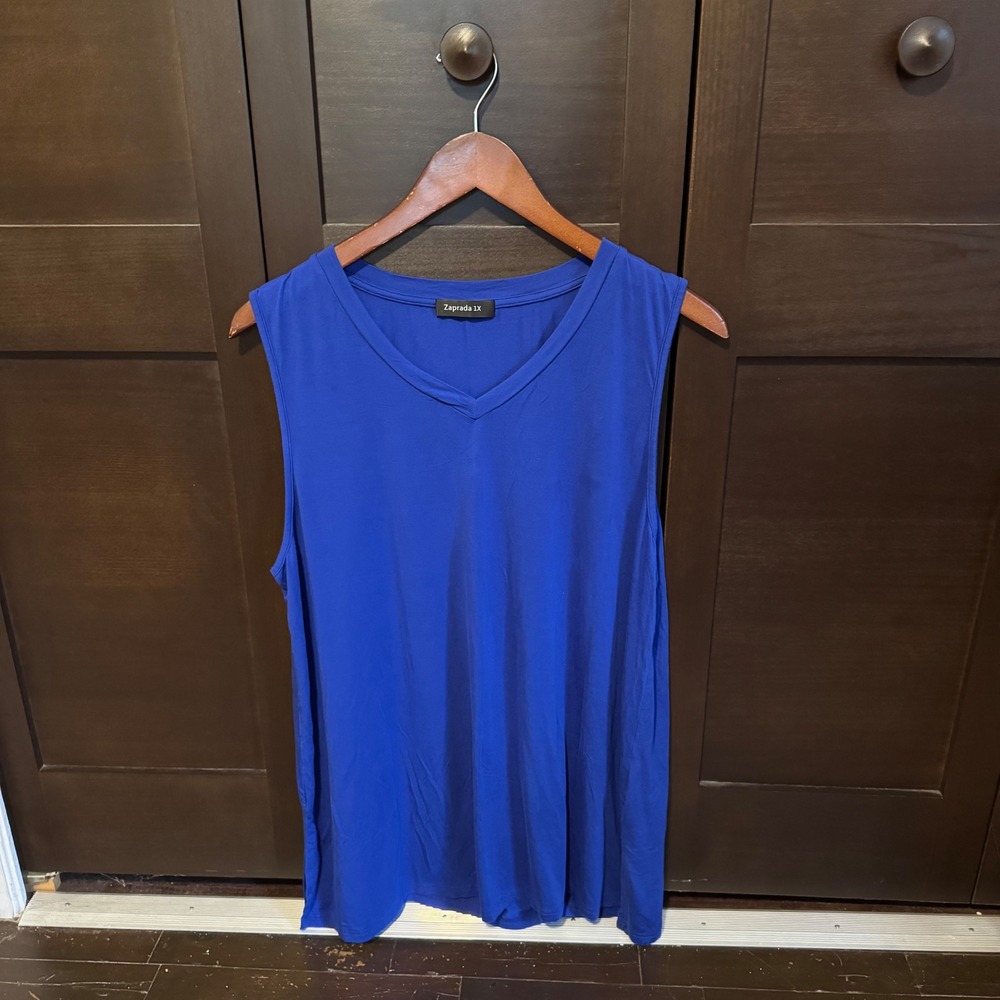 Zaprada Womens Royal Blue Sleeveless V-Neck Tunic Top 1X Good